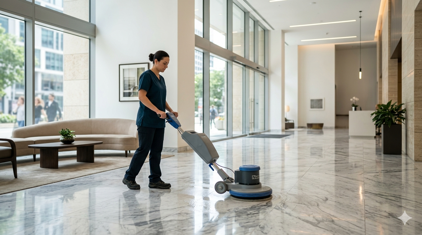 Professional cleaning of luxury apartment building lobby