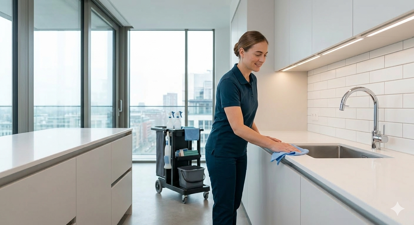 Detail cleaning of modern kitchen and bathroom
